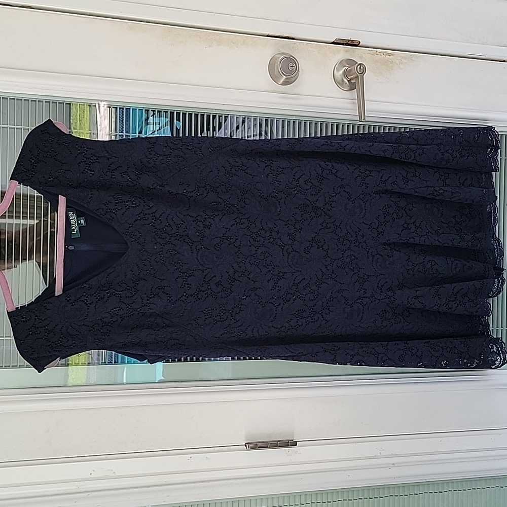 Ralph Lauren Midnight Blue Lace Fit & Flare Sleevless Dress Sz 16 V Neck